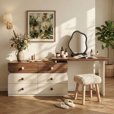 Modern Extendable Dressing Table with 6 Drawers, 47.24"-90" Expandable Makeup Vanity Desk, Large Storage Organizer for Bedroom, Brown & Cream Vanity Furniture