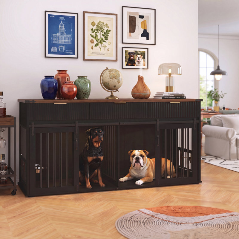 Meuble pour chien 71 po avec 3 tiroirs cannelés, grand chenil avec prise de courant et mangeoires rotatives pour chiens robustes