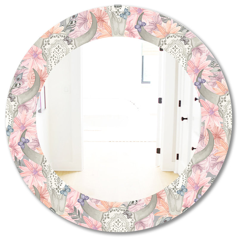Pink Blossom Wall Mirror, Printed Bohemian & Eclectic Oval/Round - Pink Blossom 25, 31.5" H x 23.7" W