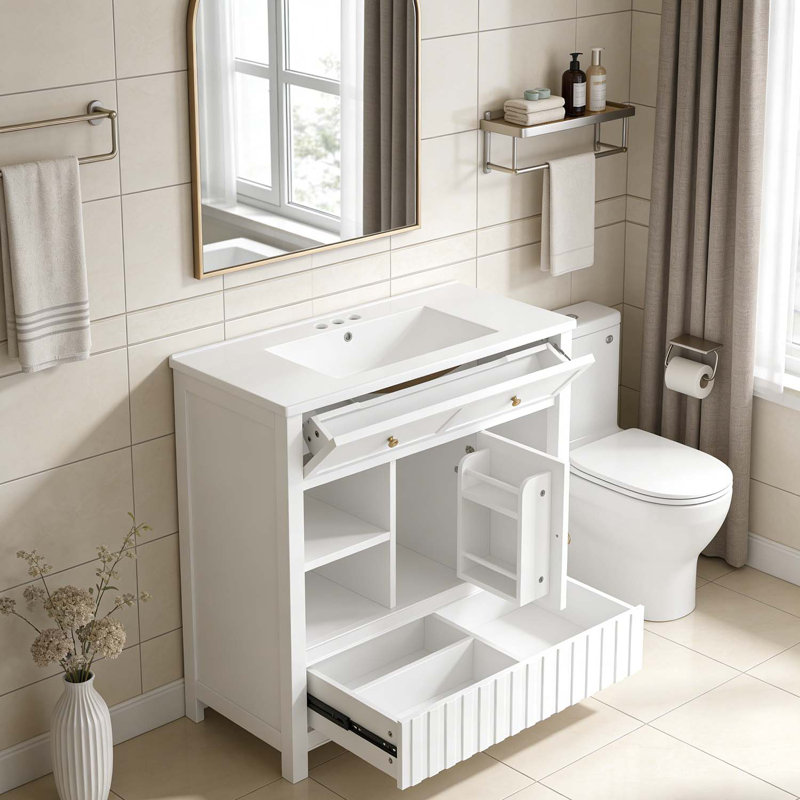 Meuble-lavabo moderne avec lavabo, armoire de rangement multifonctionnelle et tiroirs, Blanc