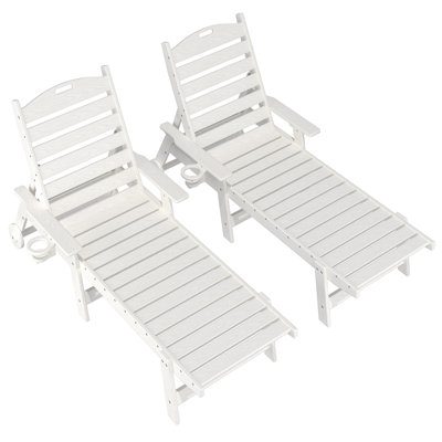 Hdpe Wood Grain Outdoor Chaise Lounge Set Of 2, Patio Lounge Chair With Adjustable 6-Position, Sun Lounger