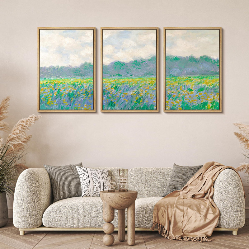 «Floral Bliss Vibrant Flower Field Under Cloudy Skies Nature Wilderness Illustration Decor», 3 pièces, H 36 po x l 24 po