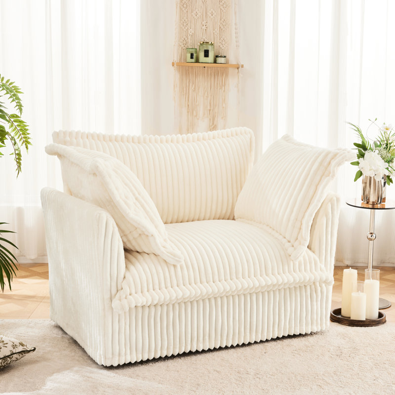 Fauteuil à housse avec 1 grand coussin de dossier et 2 coussins décoratifs, Velours côtelé blanc