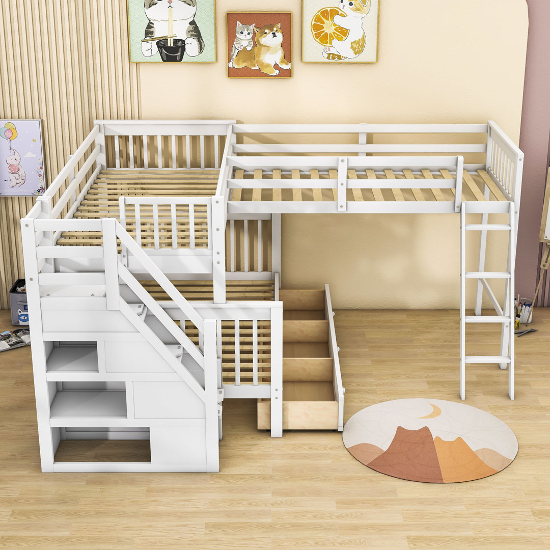Gianpiera Twin Over Full & Twin 3 Drawers L-Shaped Bunk Bed With Shelves by Harriet Bee Harriet Bee Bed Frame 