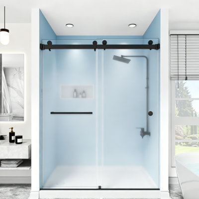 Sola 62"-67" W X 76 H Frameless Double Sliding Shower Door In Chrome With 3/8"(10mm) SGCC Certified Frosted Glass, Towel Bar&Finger Pull