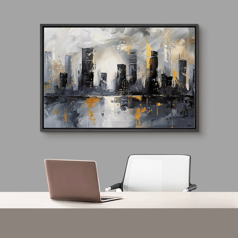 «Grey City Buildings», reproduction d'art moderne sur toile encadrée, Cadre noir, H 16 po x l 24 po