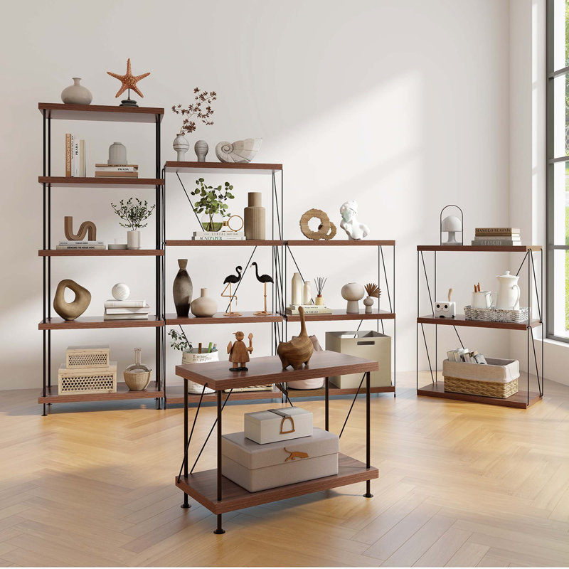 Rebrilliant 2 Pcs 3-tier Multipurpose Display Rack Freestanding Bookcase With Metal Frame Walnut