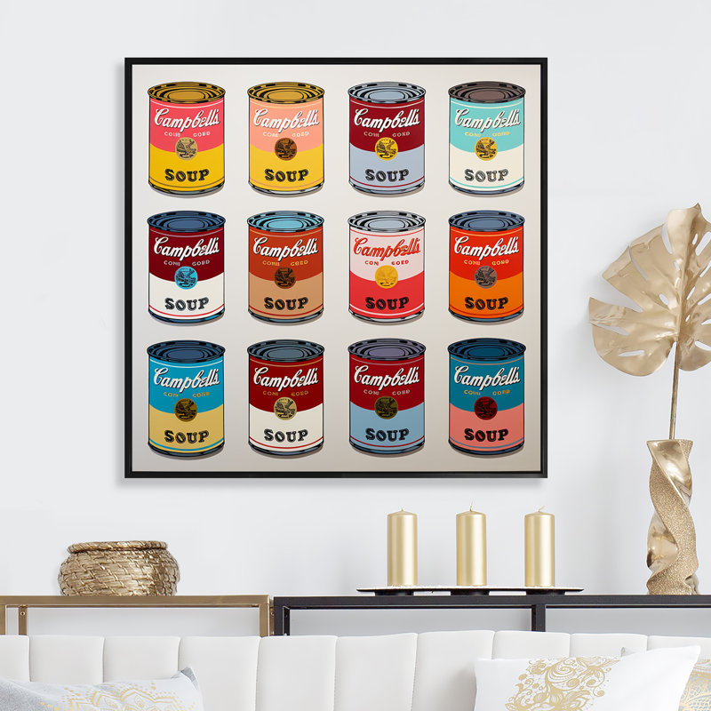 Pop Art Soup Collage III - Art mural lait, H 30 po x l 30 po x P 1,5 po, Cadre flottant noir