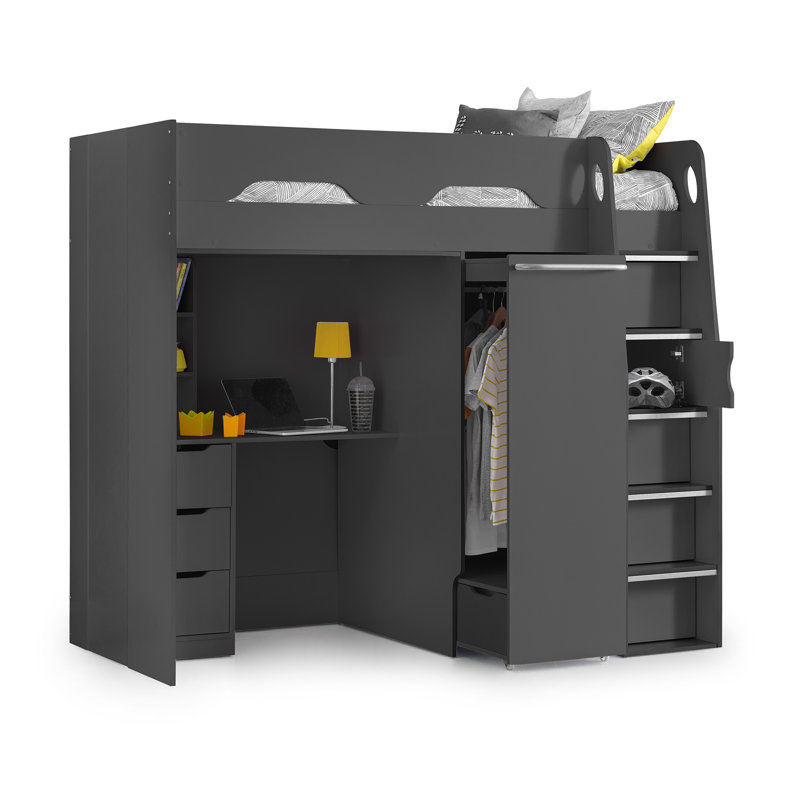 Lilianna 90 X 190cm Loft Bed with Storage Included with Desk Included, Black