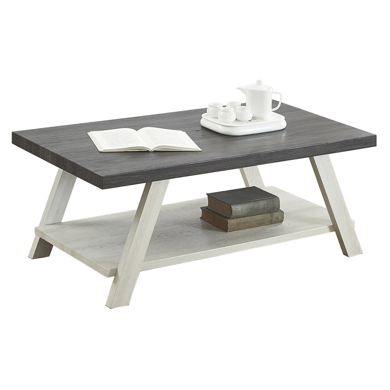 Table basse à plateau rectangulaire avec pieds évasés et tablette - H 48 po x H 19 po bicolore en bois manufacturé de qualité patinée