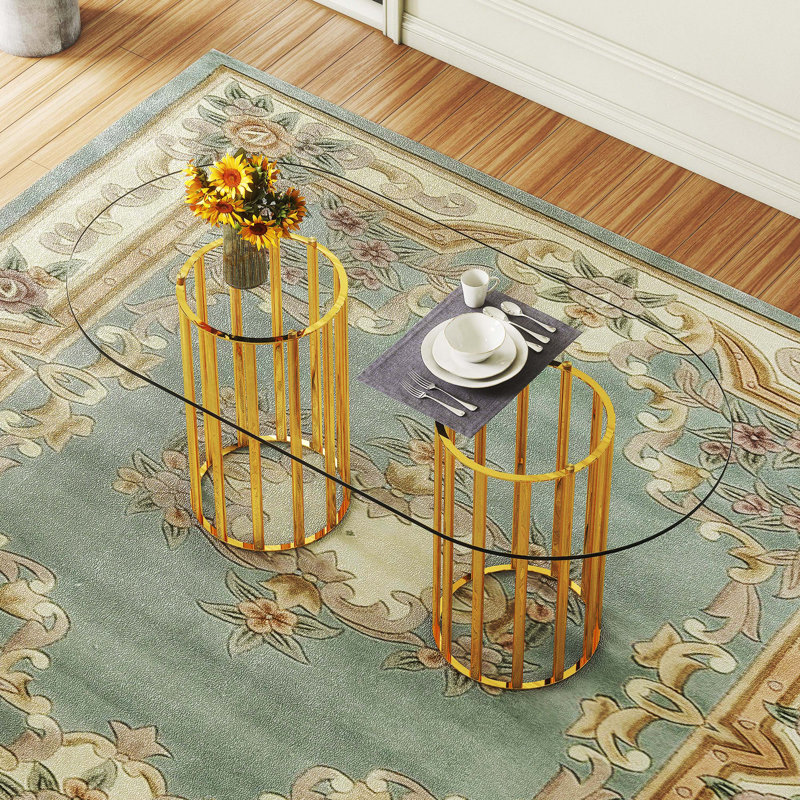 Table de salle à manger ovale en verre trempé de 71 pouces, double colonne dorée de style luxueux, plateau en verre facile à nettoyer résistant aux égratignures, table de salle à manger moderne pour 6 à 8 personnes