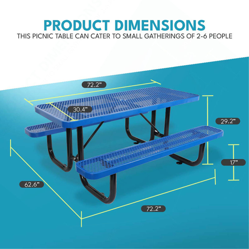 6 pi Table de pique-nique rectangulaire en acier pour l'extérieur, Bleu