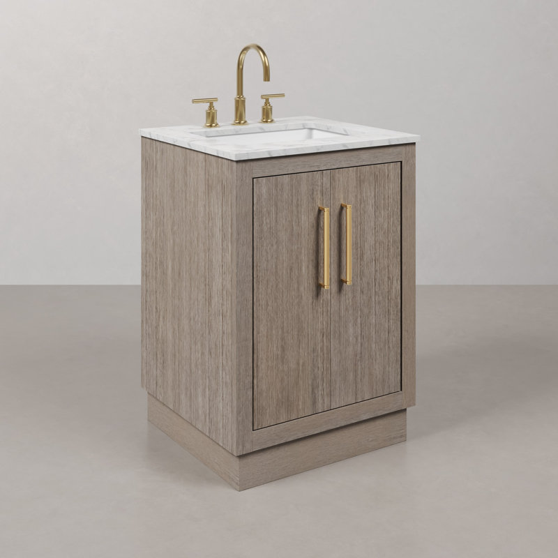 Hunner 24" Carrara White Marble Countertop Bath Vanity in Gray Oak with Faucet, Satin Gold