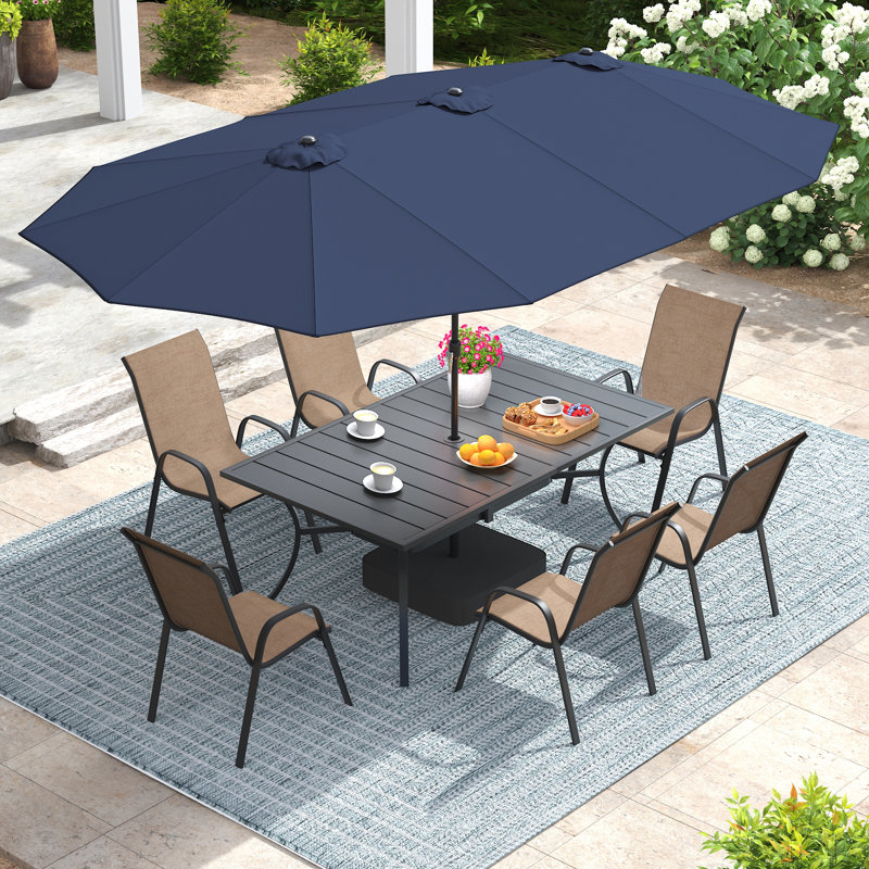 6-Person Rectangular Patio Dining Set With Umbrella & Textilene Stackable Chairs, Brun et bleu