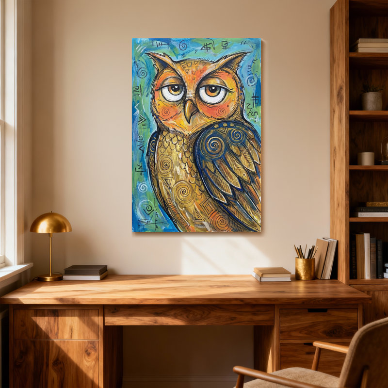 Animaux hibou coloré avec des motifs et des symboles géométriques, H 28 po x l 40 po