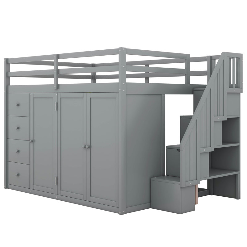 Jaquai Full Size Wood Loft Bed With Built-in Wardrobes, Cabinets and Drawers, Gray
