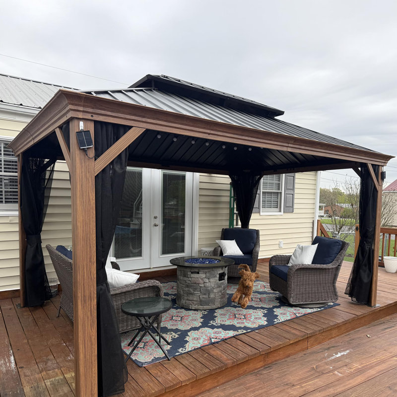 PURPLE LEAF Hardtop Gazebo for Patio Wood Grain Galvanized Steel with Netting, 12' X 14’