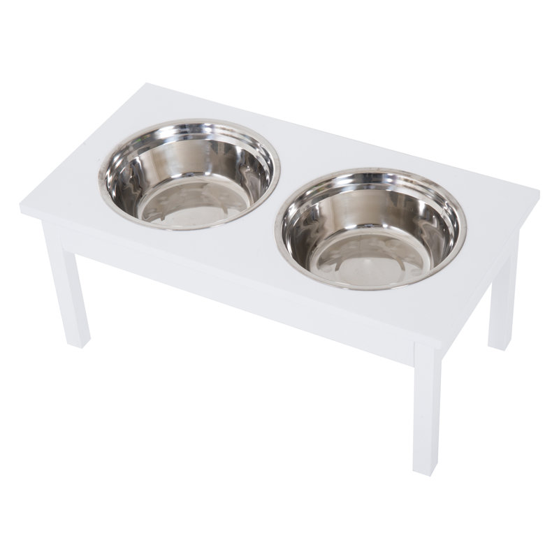 White Elevated Wooden Pet Feeding Station with Stainless Steel Bowls