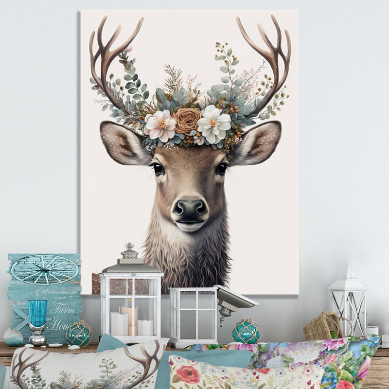 Mignon bébé caribou avec couronne florale IV - décoration murale moderne en métal, H 20 po x l 12 po x P 1 po