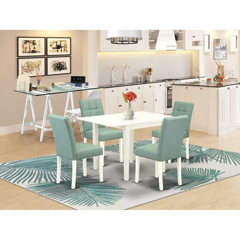 L'ensemble de salle à manger 5 pièces Mid Century comprend une table de salle à manger et 4 chaises de salle à manger en tissu de polyester vert saule, blanc lin