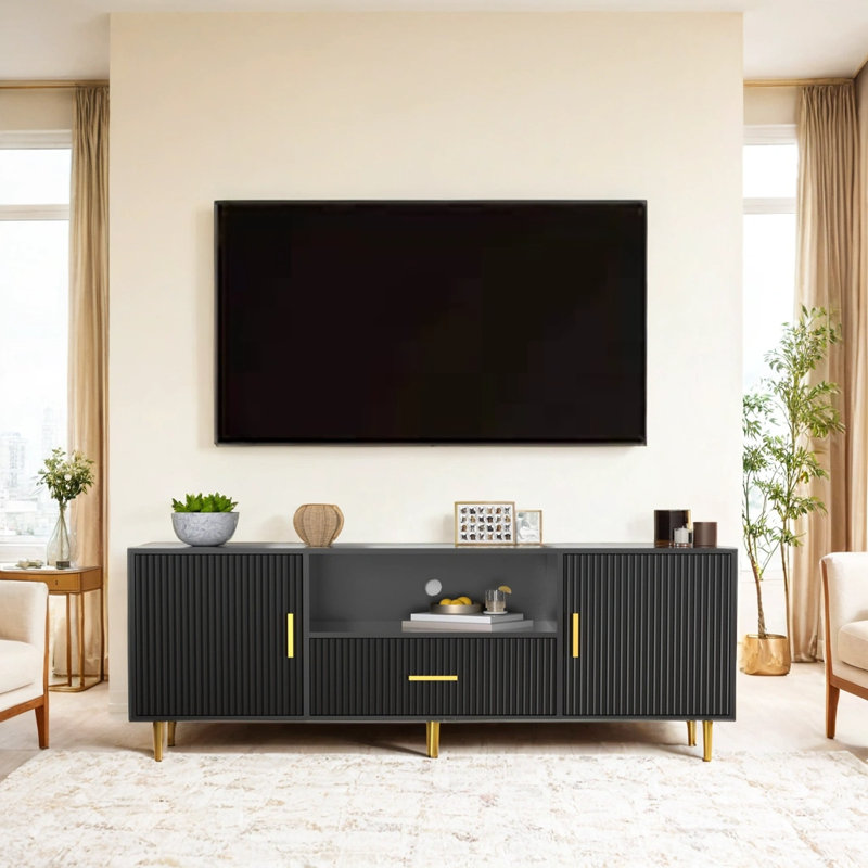 Luxury Fluted TV Stand, Entertainment Center For Tvs Up To 65", Modern Media Console With Drawer And Cabinets, TV Console For Living Room Bedroom