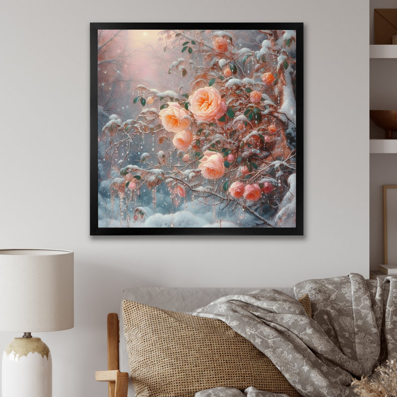 «Peach Enchanted Roses II», reproduction sur toile, Cadre photo noir, H 16 po x l 16 po x P 1 po