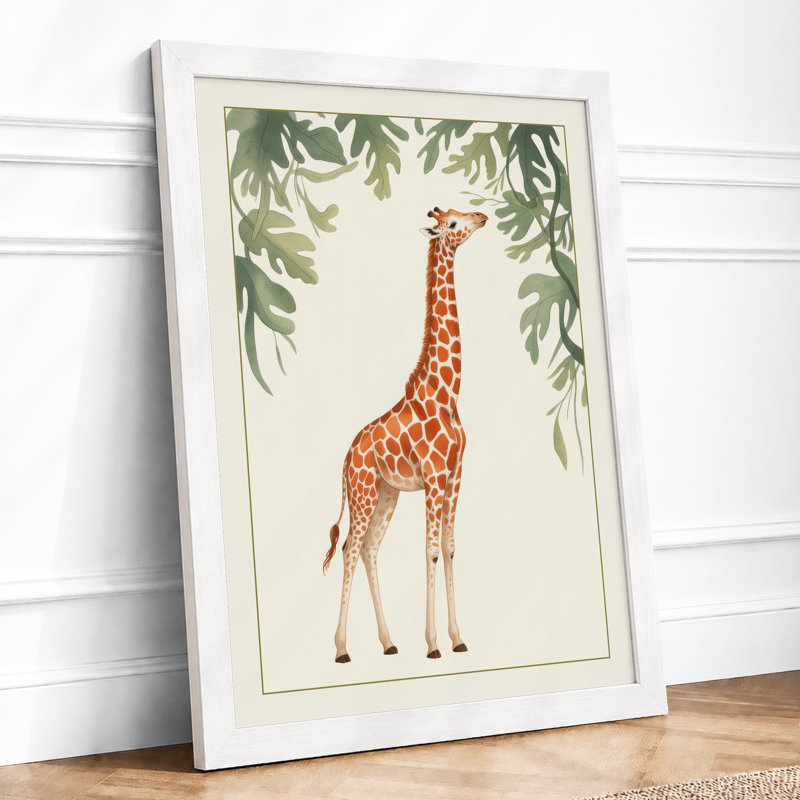 Giraffe Reaching High Boho - Framed Print, A2 - 59.4 x 42.0 cm, White
