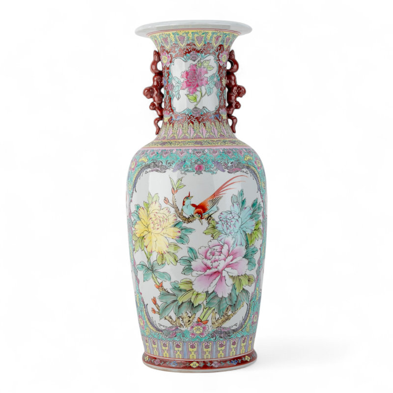 Vase pivoine et oiseau Famille Rose