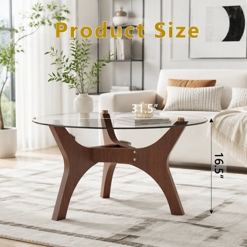 Table basse en verre de diamètre avec piétement en bois, Walnut