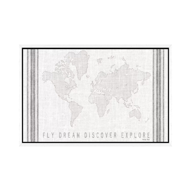 Fly, Dream, Discover, Explore Map 1 Piece Wall Art on Canvas, 101.6cm H x 152.4cm W x 3.81cm D, White Framed Canvas