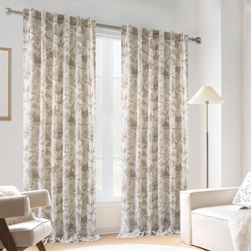 100% Blackout Toile Linen Curtains for Bedroom Double Layer Farmhouse French Country Vintage Printed Pattern Thermal Sound Lined Back Tab Living Room Drapes  2 Panels