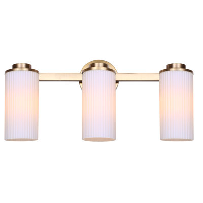 Hommy 23 po Meuble-lavabo 3 lumières or avec abat-jour en verre nervuré blanc