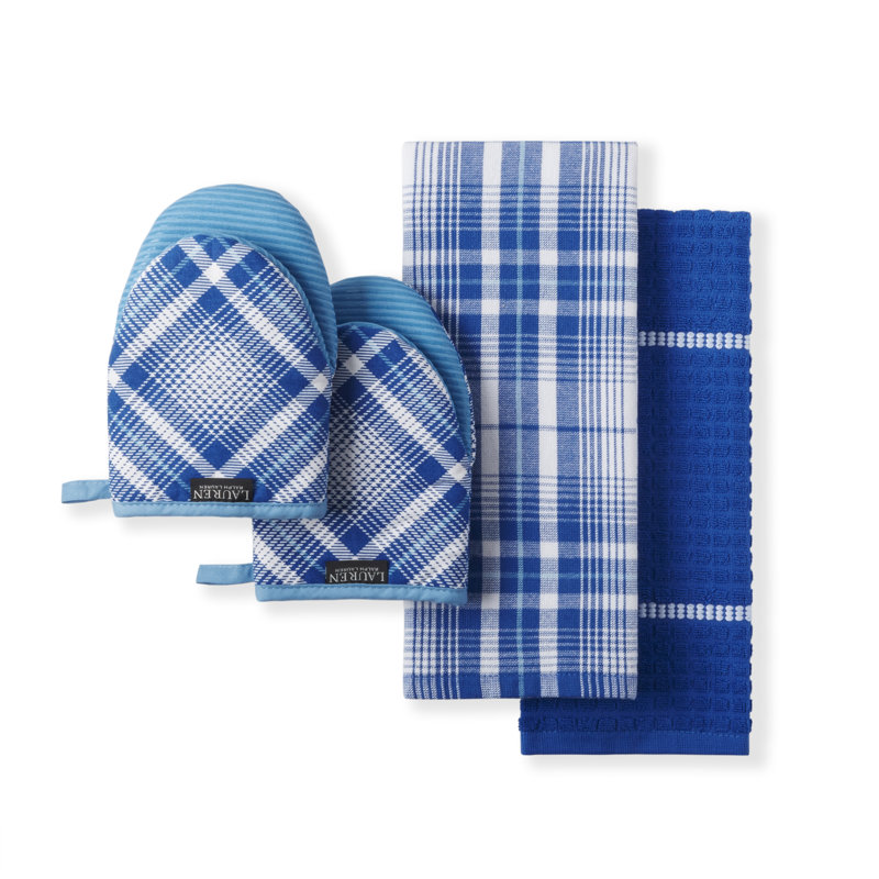 Cotton Plaid Kitchen Towel Linen Set, Blue/White