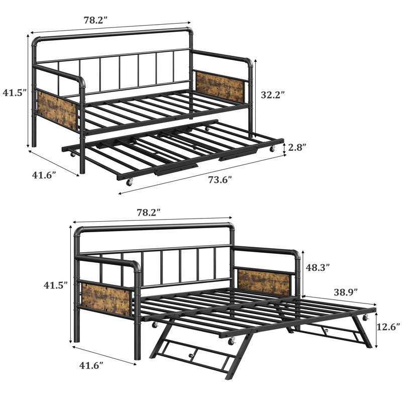 Lit de jour avec lit gigogne, lit de jour simple avec lit gigogne escamotable, structure de lit simple en métal avec support à lattes en acier