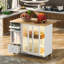 Îlot de cuisine avec abattant, chariot de cuisine à DEL sur roulettes avec 2 portes en verre cannelé et 1 porte d'armoire rabattable, grand chariot d'îlot de cuisine avec une tablette réglable et 2 tiroirs-735202731