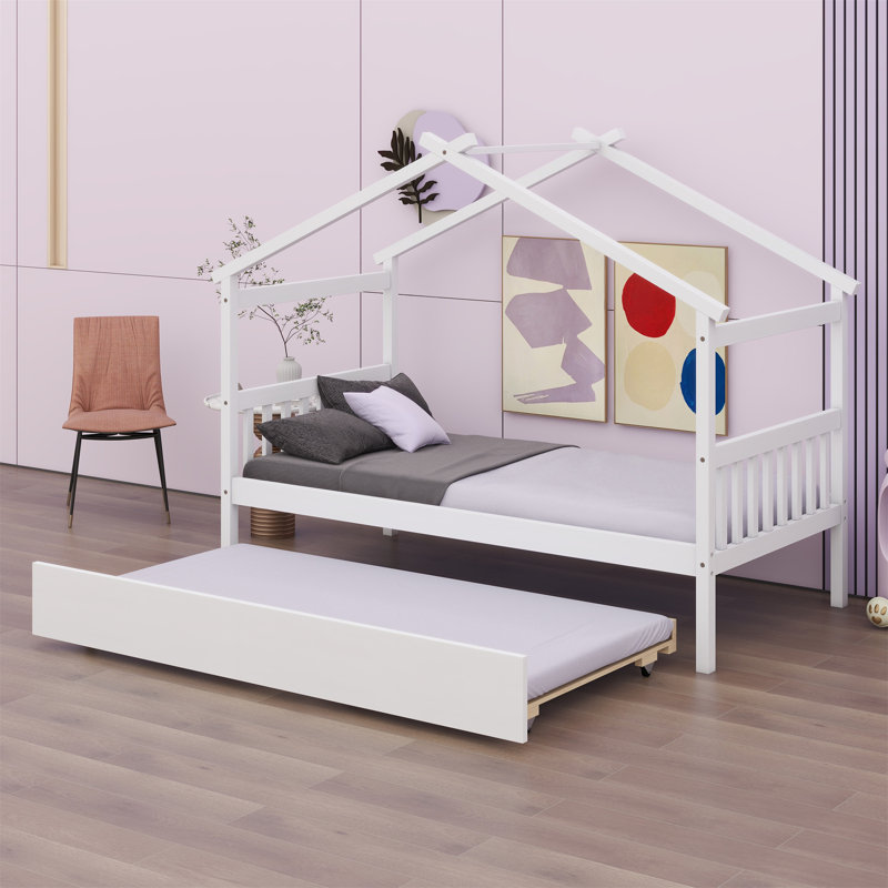 Lit en bois avec lit gigogne simple, Blanc, Lit simple