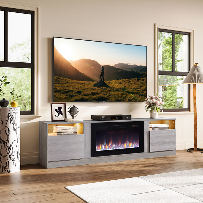 Kenndy 80" TV Stand with Electric Fireplace for TVs up to 90'', LED Lights, Storage Cabinets & Shelves, Gray