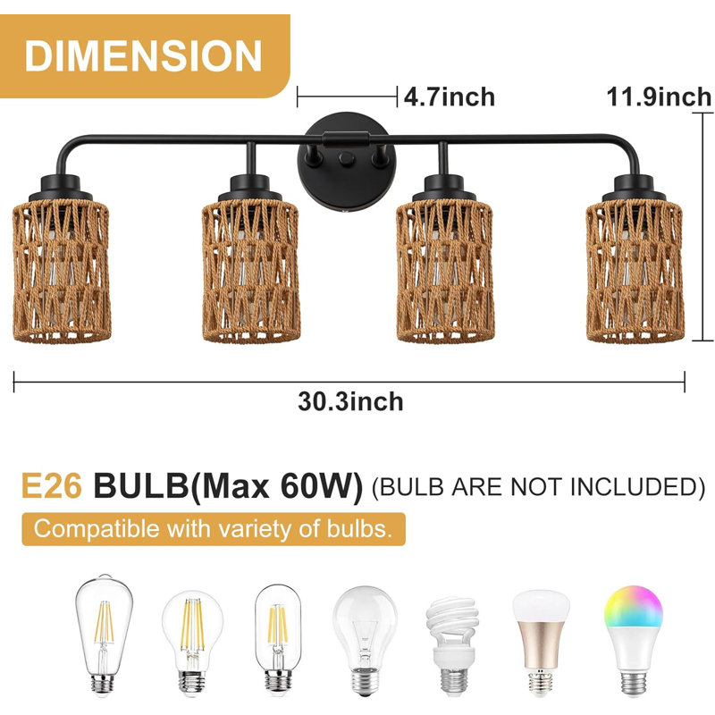 Bathroom Vanity Light With Handwoven Rattan Shades 4-Light Boho Farmhouse Wall Sconce For Mirror Lighting Dimmable Rustic Fixture