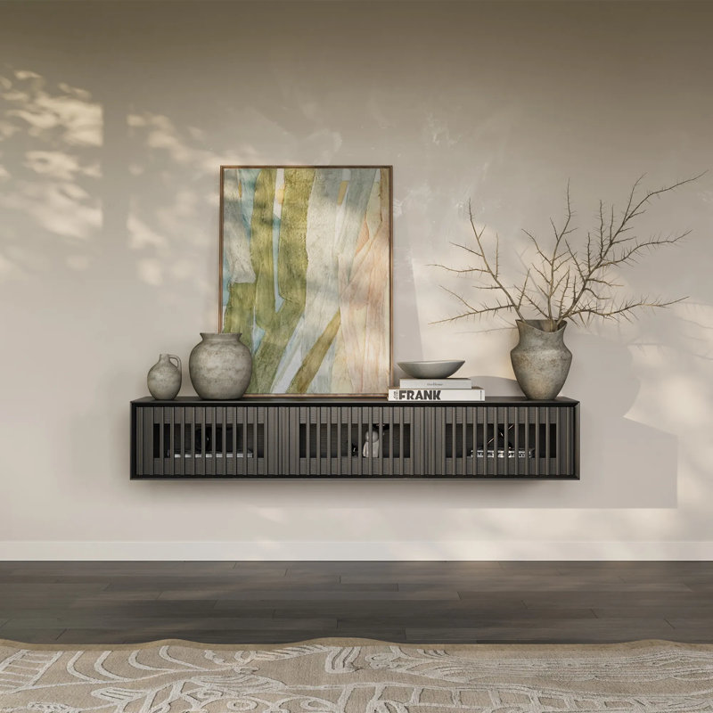 Modern Floating TV Stand, Fully-Assembled, Black, 11.02"H x 62.99"W x 15.75"D