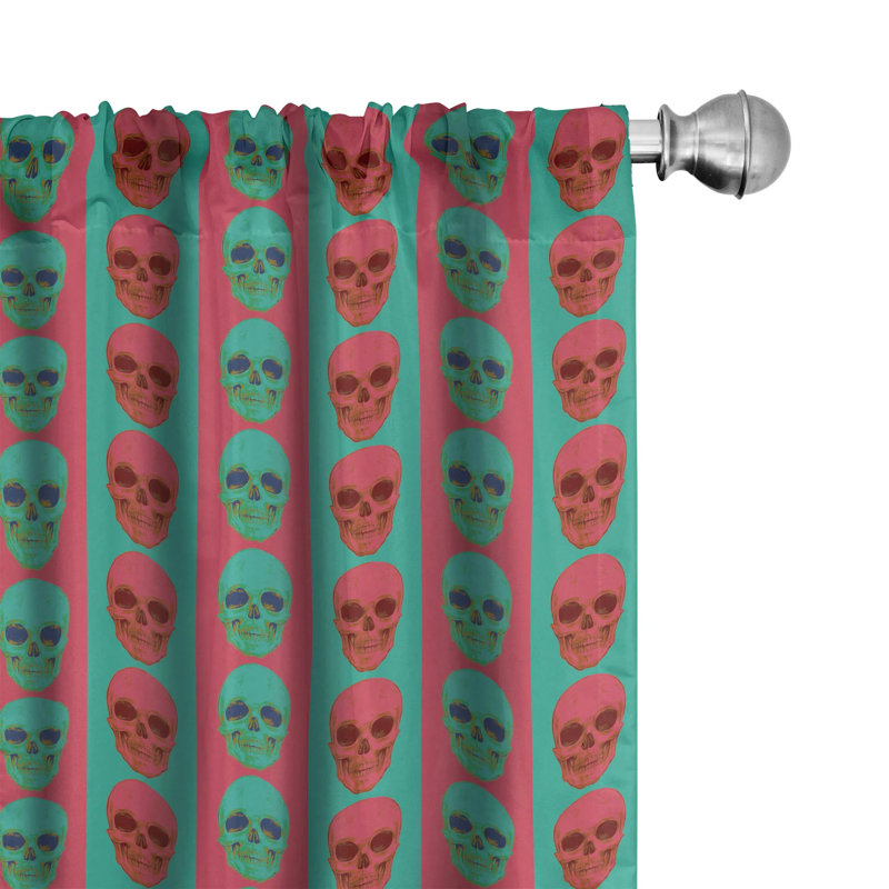 Jade Green and Magenta Skull Pattern Rod Pocket Curtains, 28" x 84"