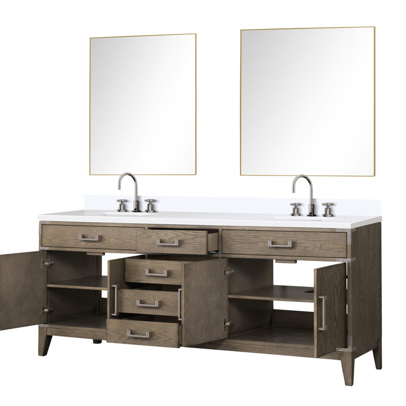 80 po Meuble-lavabo double large en chêne gris avec comptoir en quartz blanc, robinet inclus, 36 miroirs, garniture scellée et durable pour la durabilité