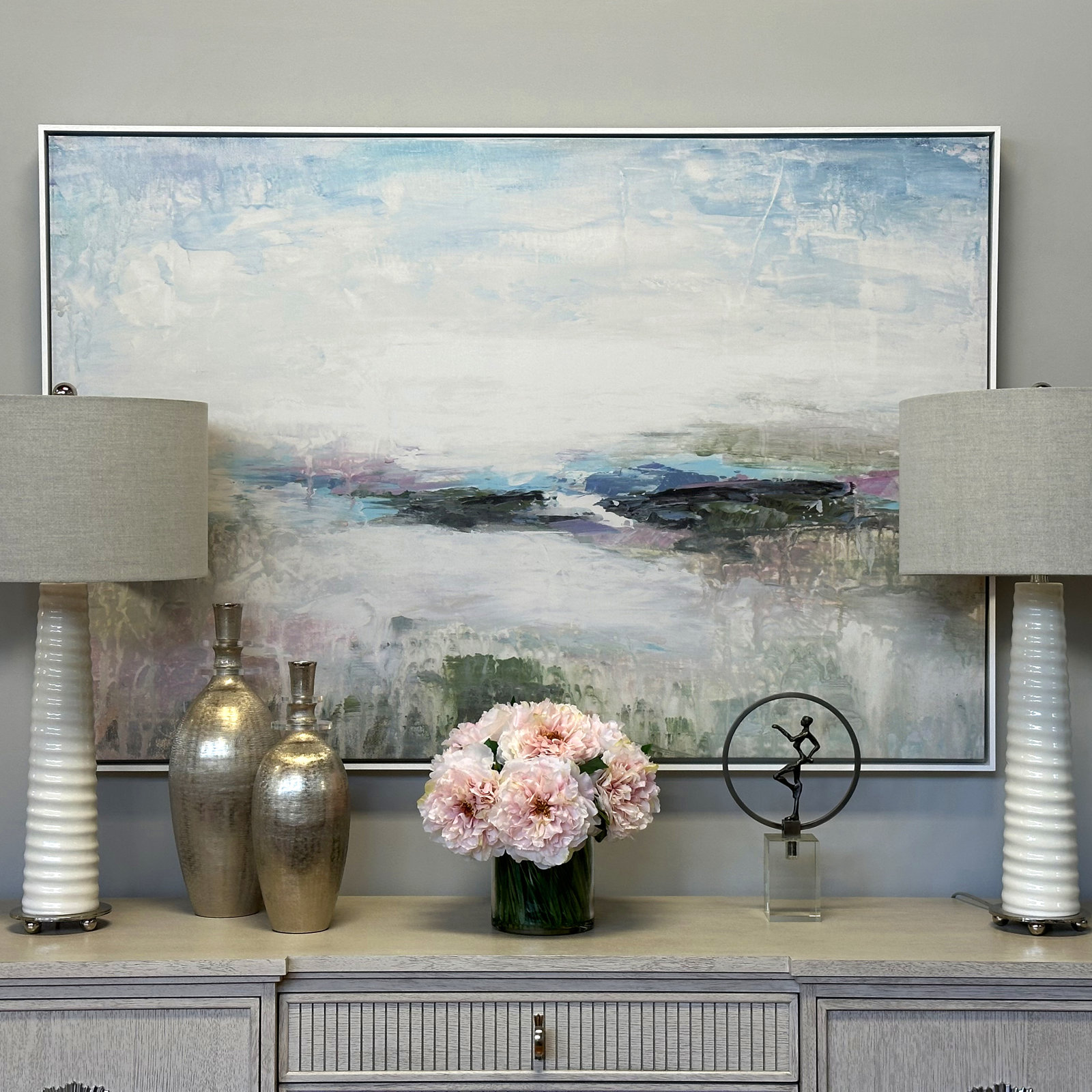 Faux Peony Arrangement in a Glass Vase, Light Pink