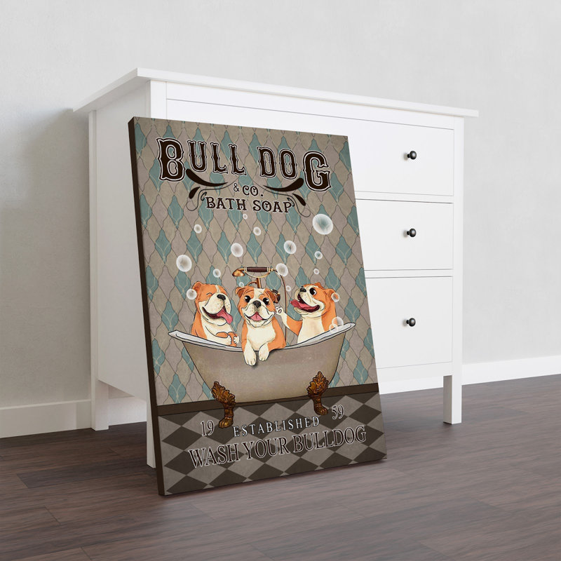 Savon de bain - Toile tendue avec toile «Wash your bull dog» - Illustration animalière, décoration intérieure bleue et orange
