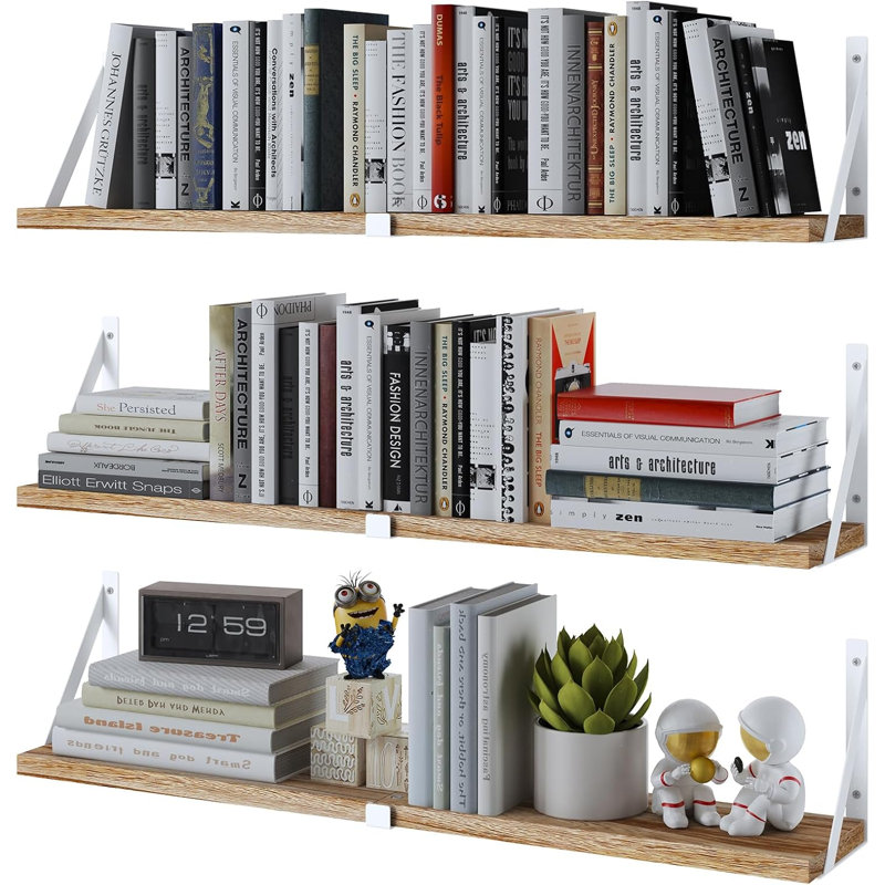 Floating Bookshelf Set Of 3, Wall Mounted Shelves For Home Decor, Living Room, Kitchen, Bathroom, Bedroom, Rustic Modern Design, Heavy Duty Metal Brackets