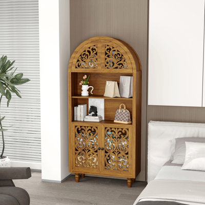 Vintage Arched Carved Wood Cabinet, 66" Tall Open Shelf Bookcase, Freestanding Decorative Storage for Home & Office