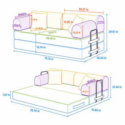 Canapé-lit convertible en tissu bicolore mélangé, matelas pliant et structure fixe, noir moucheté