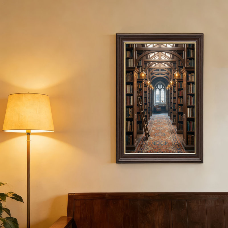 Art mural antique sur toile encadré doré pour le salon, la chambre à coucher, le bureau ou le vestibule - Décoration murale décorative avec allée de bibliothèque