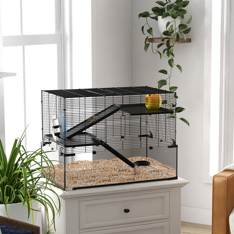 Hamster Home, cage noire de 31 po au design attrayant, vasque en verre, rampes, plateformes, cabane, roue d'exercice pour hamster, construction réfléchie, nain