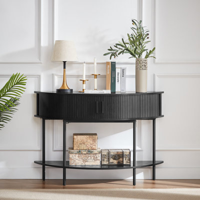 46.4" Farmhouse Half Moon Console Table With Fluted Sliding Doors and a Tambour Storage Cabine