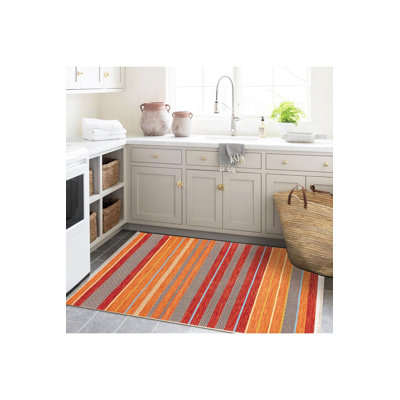 Tapis décoratif moderne à motif de lignes rayées orange et rouge lavable à la machine